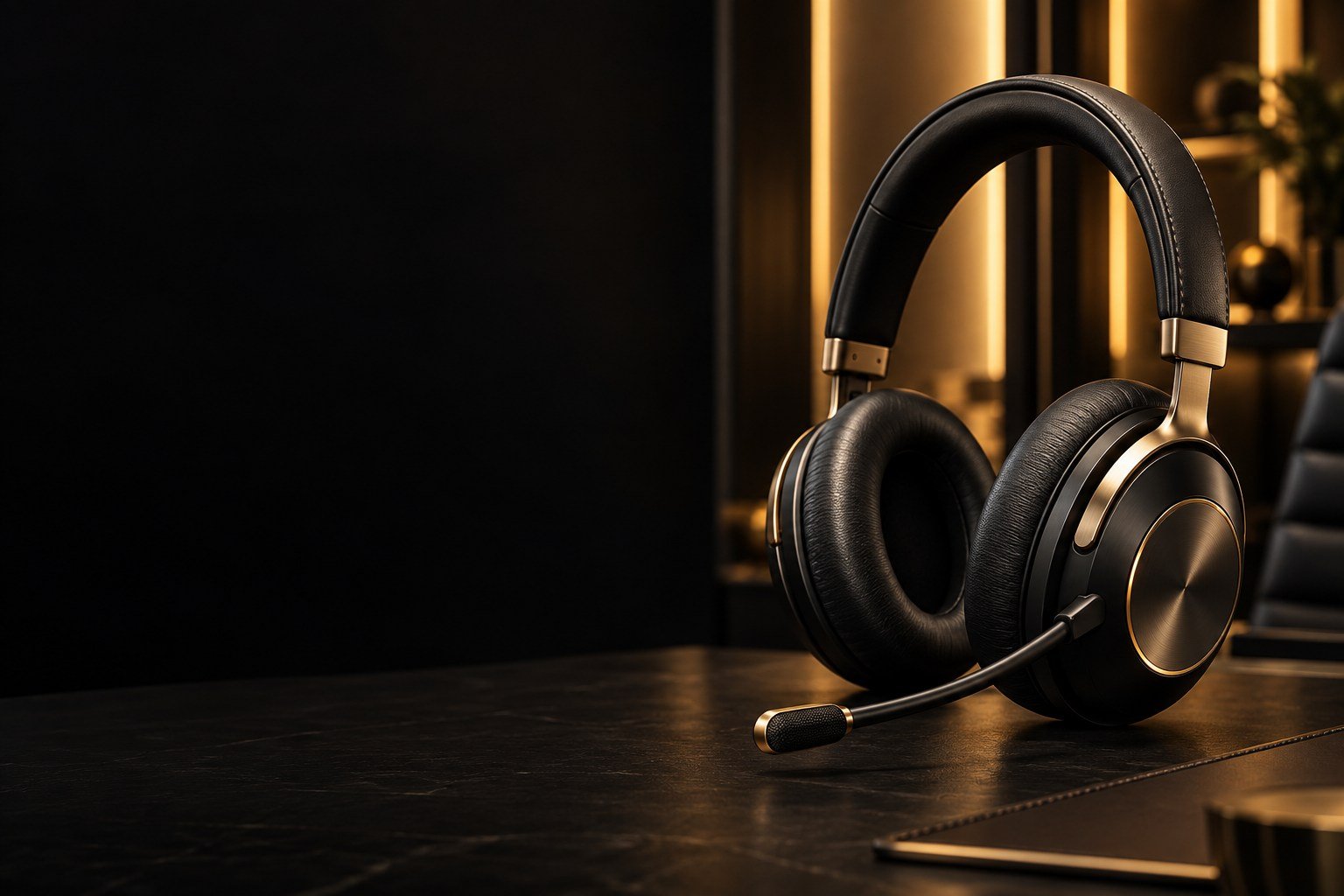 Symbolbild: schwarzes Headset mit goldenen Details in einem dunklen Büro